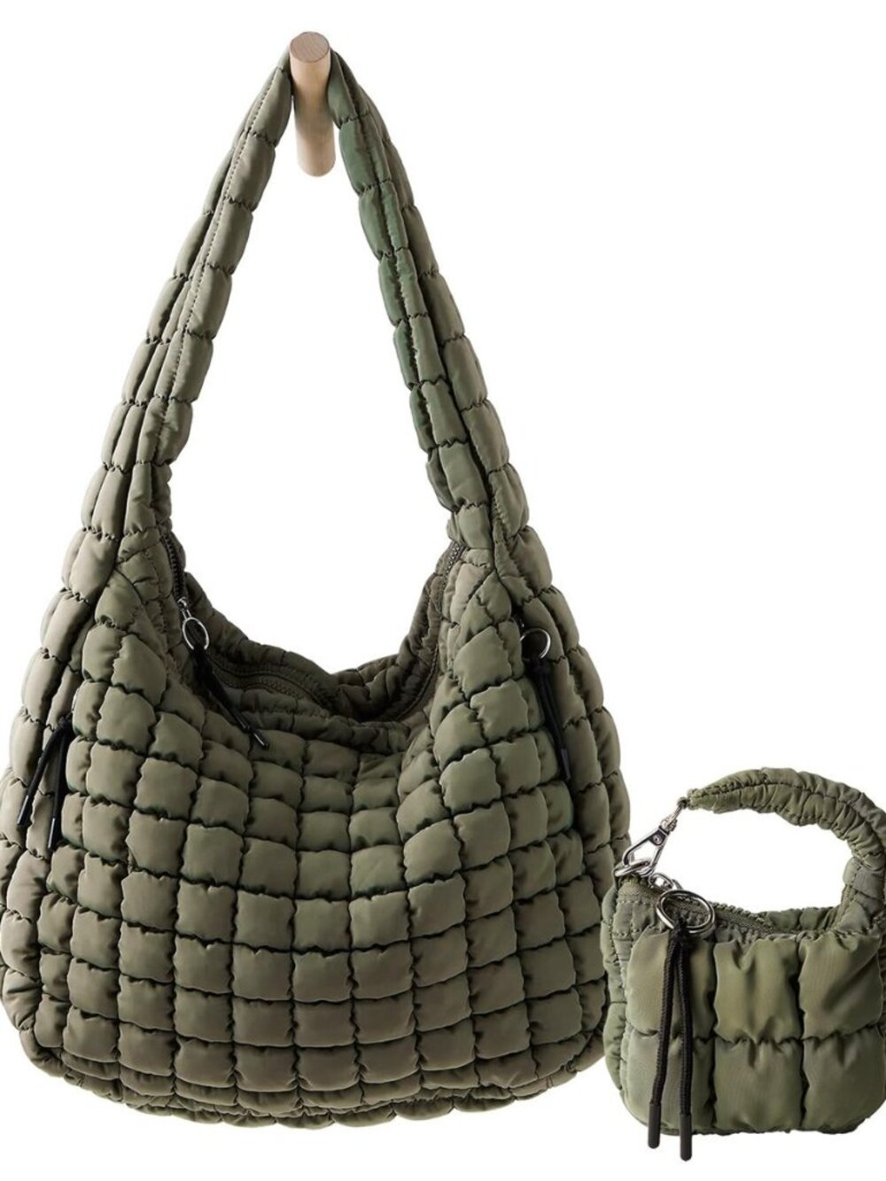 Large Quilted Puffer Tote Bag for Women Mini Pouch 2 Set Puffy Carryall